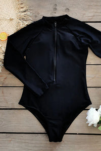 Thumbnail for Black Plain Front Zip Long Sleeve UPF50+ Rash Guard