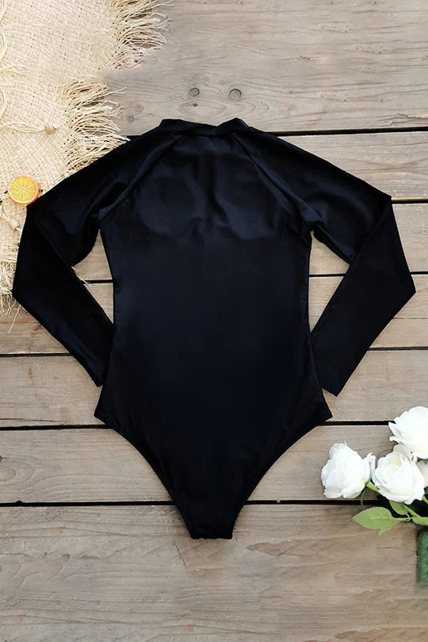 Black Plain Front Zip Long Sleeve UPF50+ Rash Guard