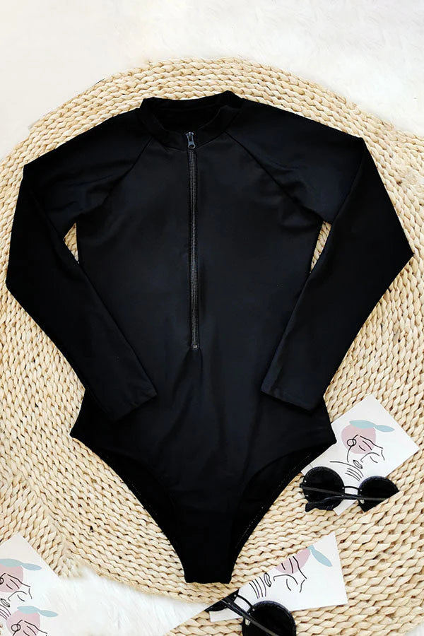 Black Plain Front Zip Long Sleeve UPF50+ Rash Guard