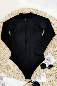 Thumbnail for Black Plain Front Zip Long Sleeve UPF50+ Rash Guard
