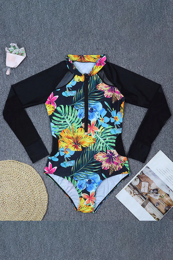 Floral Print Mesh Spliced UPF50+ Rash Guard