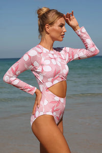 Thumbnail for Clearance  Pink Floral Print Cut Out Zip Long Sleeve UPF50+ Rash Guard