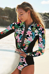 Thumbnail for Floral Print Long Sleeve Front Zip UPF50+ Rash Guard