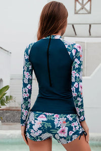 Thumbnail for Navy Floral Printed High Neck Zip Two-Piece Long Sleeve UPF50+ Rash Guard