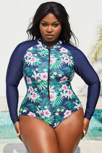 Thumbnail for Ropical Floral Long Sleeve Plus Size One-Piece Swimsuit