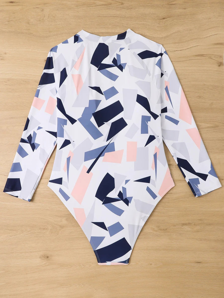 Plus Size Irregular Geometric White Print Long Sleeve Swimsuit