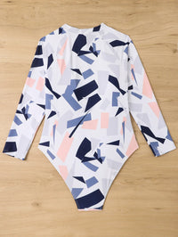 Thumbnail for Plus Size Irregular Geometric White Print Long Sleeve Swimsuit