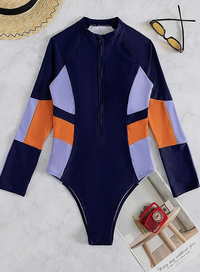 Thumbnail for Navy Colorblock Zip-Up Rash Guard Swimsuit