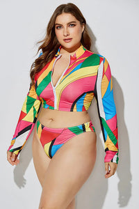 Thumbnail for High Neck Color-Blocked Long Sleeve Swimsuit & Rash Guard Set