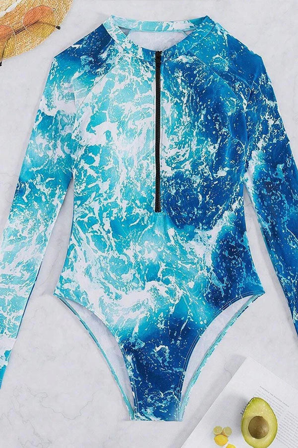 Printed Half-Zip Long Sleeve Rash Guard Swimsuit