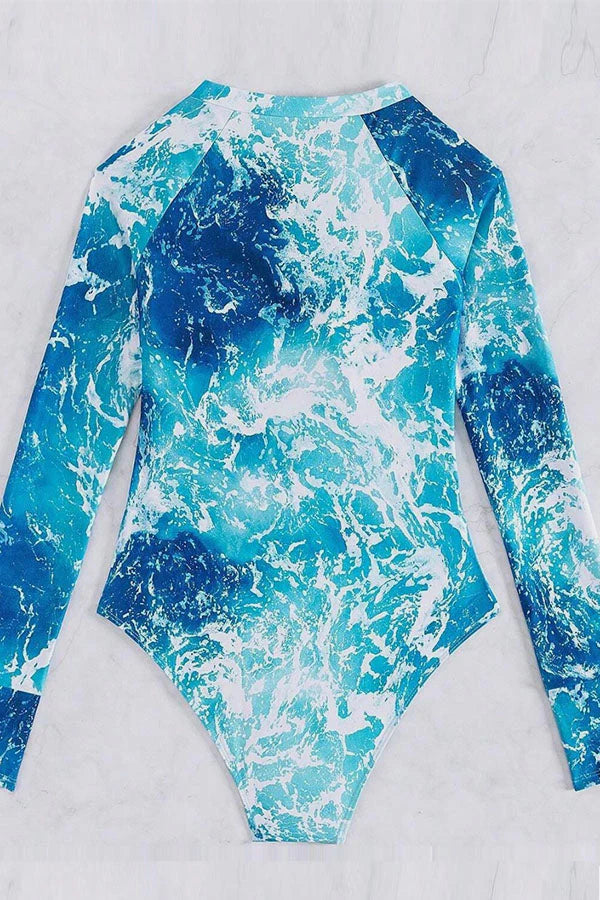 Printed Half-Zip Long Sleeve Rash Guard Swimsuit
