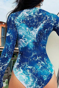 Thumbnail for Printed Half-Zip Long Sleeve Rash Guard Swimsuit