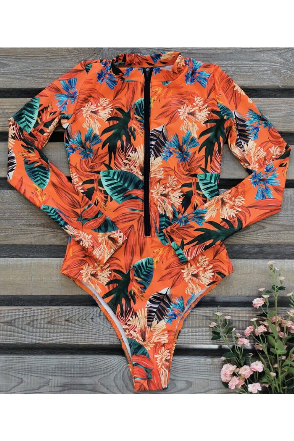 Leaf and Floral Print Front Zip Long Sleeve UPF50+ Rash Guard – Sun Protection & Style