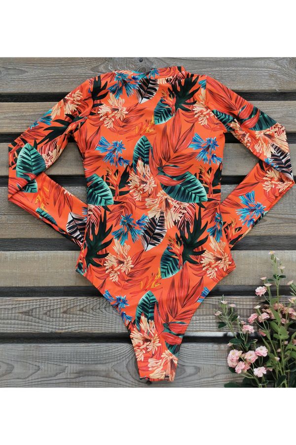 Leaf and Floral Print Front Zip Long Sleeve UPF50+ Rash Guard – Sun Protection & Style