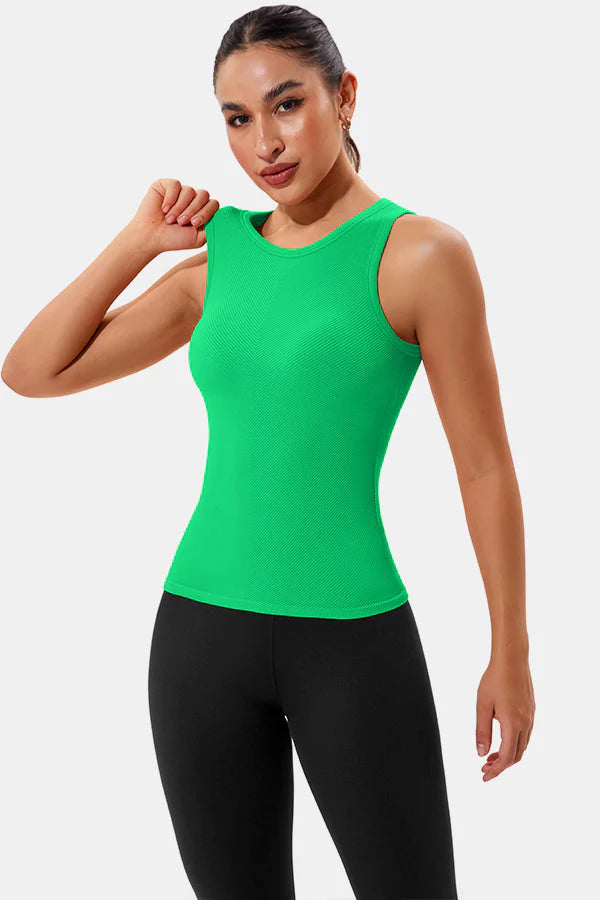 Green High Neck Full Back Seamless Tight Fit Ribbed