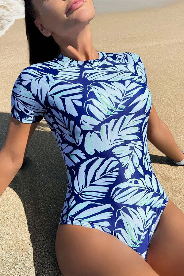 Peachtan Leaf Print Backless One-Piece Rash Guard