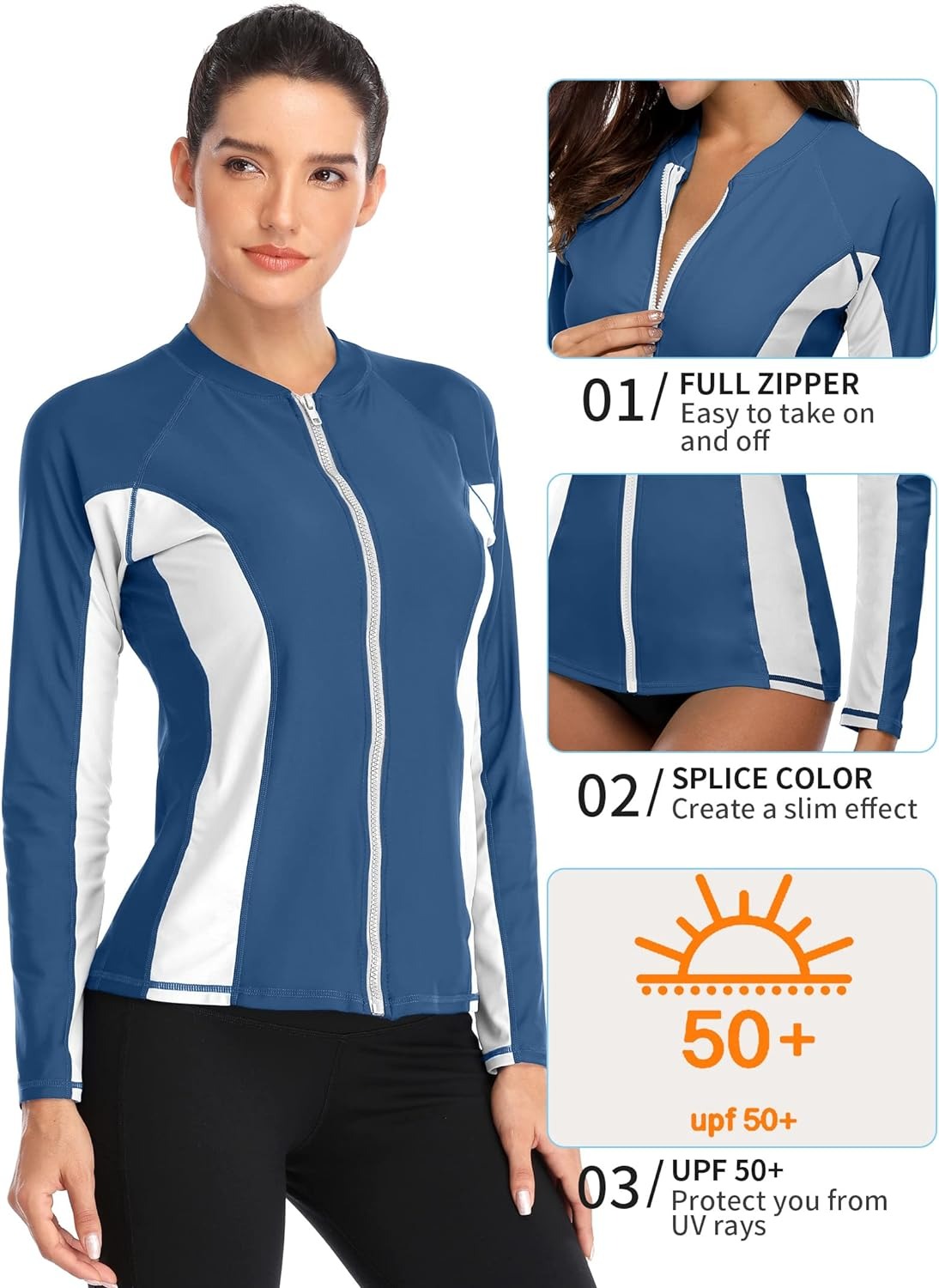 Blue & White Colorblock Long Sleeve Rash Guard