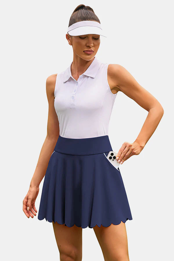 Navy Blue Scalloped Edge High-Waist Sports Skirt