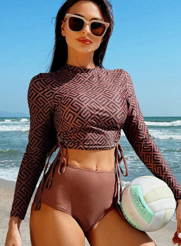 Geometric Ruched Two-Piece Rash Guard Swimsuit