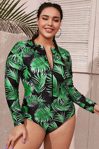 Thumbnail for Plus Size Green Leaves Print Long Sleeve UPF50+ Rash Guard