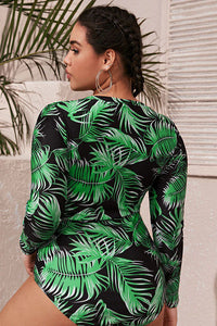 Thumbnail for Plus Size Green Leaves Print Long Sleeve UPF50+ Rash Guard