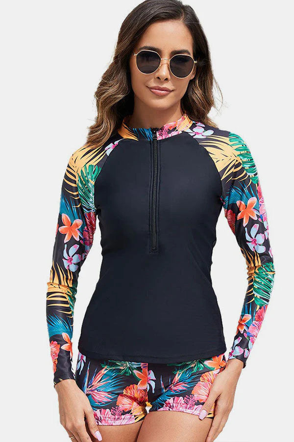 Women's Tropical Plant Print Long Sleeve Two-Piece