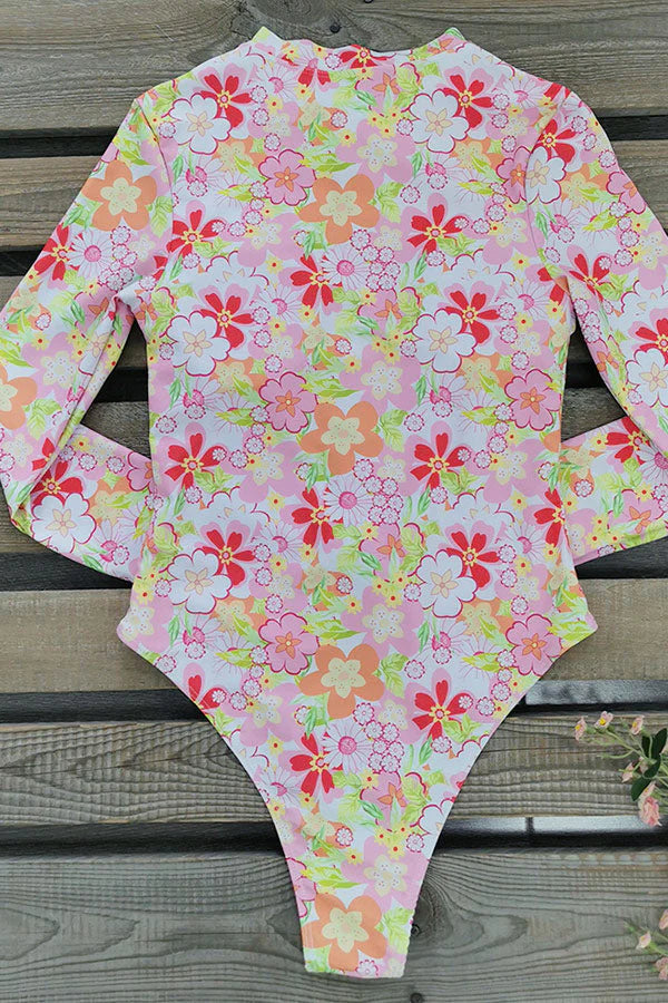 Pink Floral Print Long Sleeve One-Piece Swimsuit