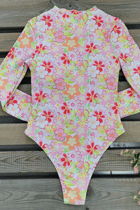 Thumbnail for Pink Floral Print Long Sleeve One-Piece Swimsuit