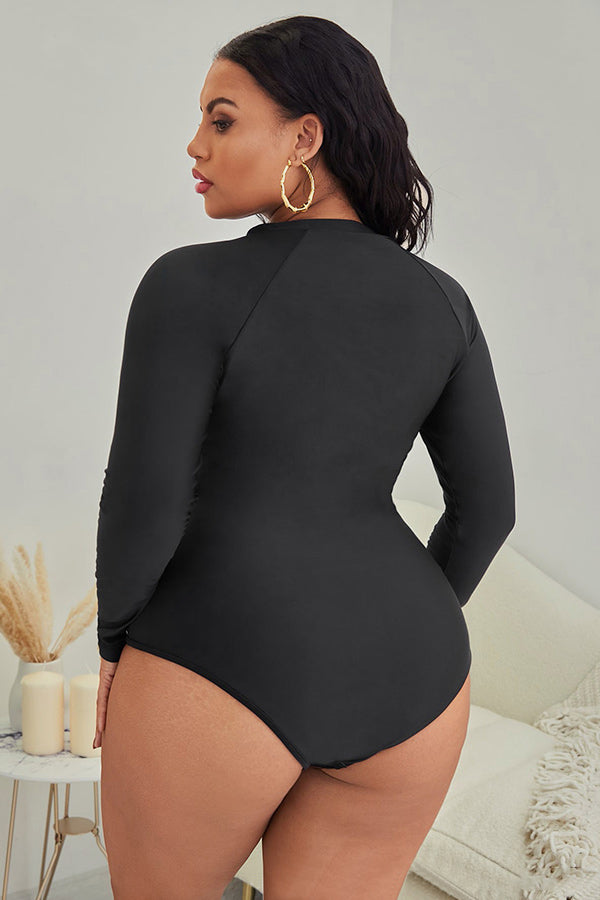 Plus Size Geometric Print Zip-Front One-Piece Swimsuit