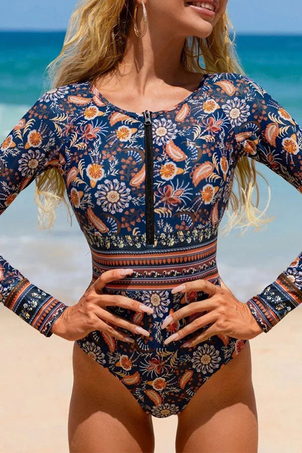 Paisley Printed Patchwork Long Sleeve Swimsuit