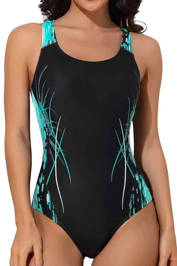 Women's Blue Printed Athletic Competitive One-Piece Swimsuit