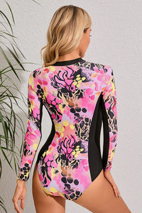 Thumbnail for Pink Printed Zipper Patchwork One Piece