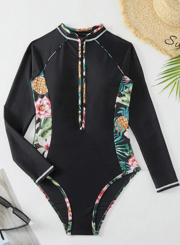 Black Tropical-Trim Long Sleeve Swimsuit