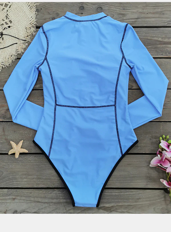 Blue Long Sleeve Zipper Triangle Swimsuit