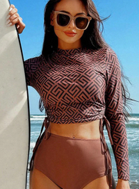 Thumbnail for Geometric Ruched Two-Piece Rash Guard Swimsuit
