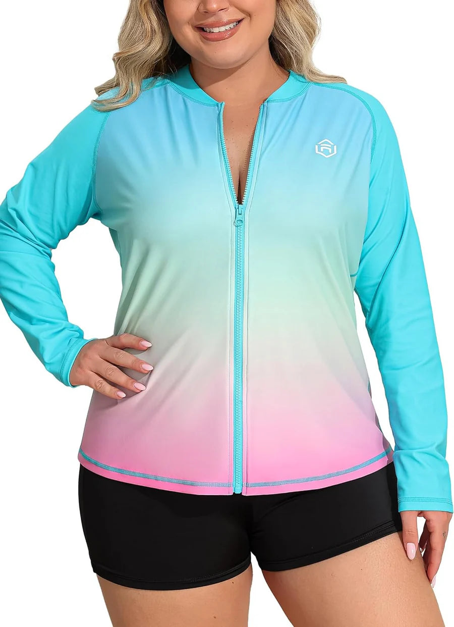SunGlow Gradient Plus-Size Rash Guard – Long Sleeve UV Zip Swimsuit