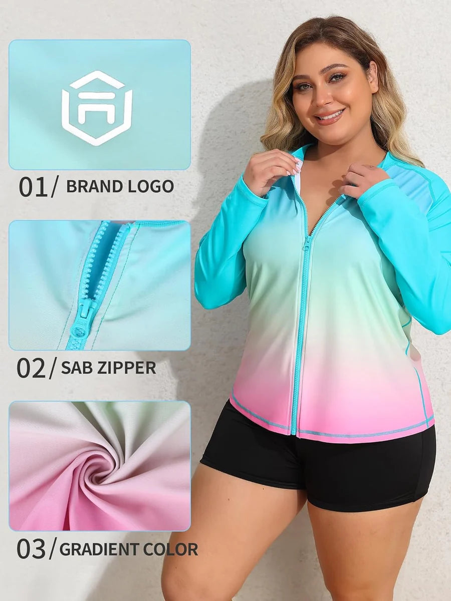 SunGlow Gradient Plus-Size Rash Guard – Long Sleeve UV Zip Swimsuit