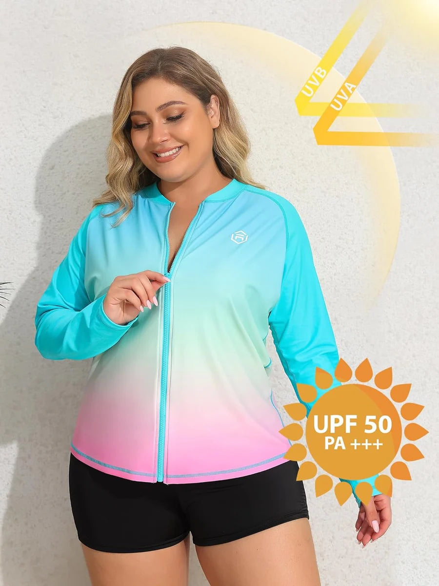 SunGlow Gradient Plus-Size Rash Guard – Long Sleeve UV Zip Swimsuit