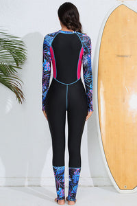 Thumbnail for Crew Neck Zipper Color Block Printed Full-Coverage