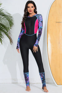 Thumbnail for Crew Neck Zipper Color Block Printed Full-Coverage