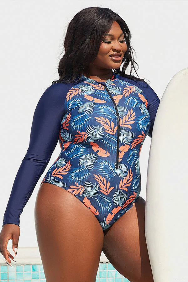 Plus Size Tropical Blue Leaf Print Zip-Up One-Piece Swimsuit