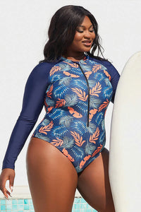 Thumbnail for Plus Size Tropical Blue Leaf Print Zip-Up One-Piece Swimsuit