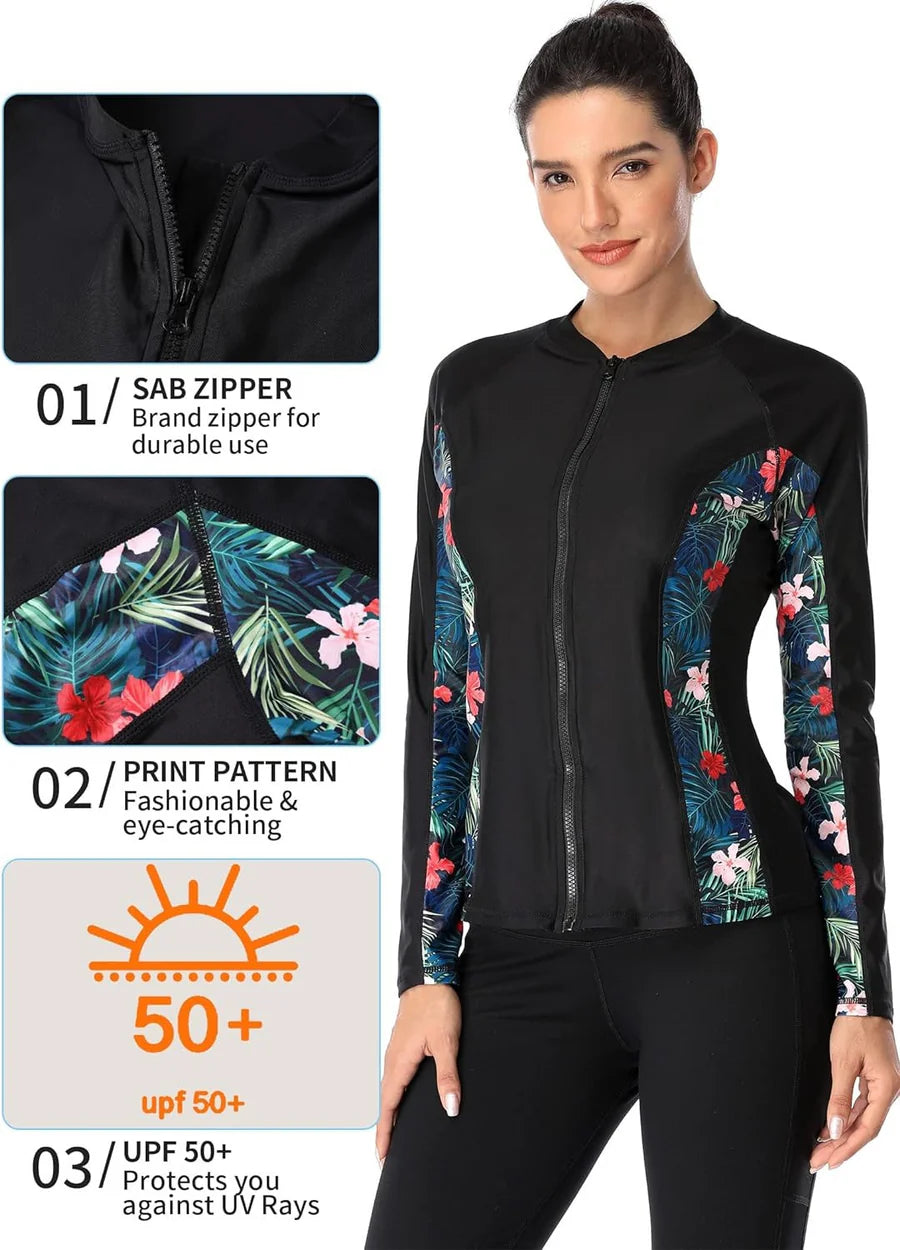 Black Zip-Front Long Sleeve UV-Protective Swim
