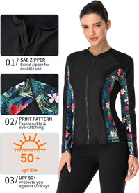 Thumbnail for Black Zip-Front Long Sleeve UV-Protective Swim