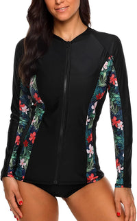 Thumbnail for Black Zip-Front Long Sleeve UV-Protective Swim