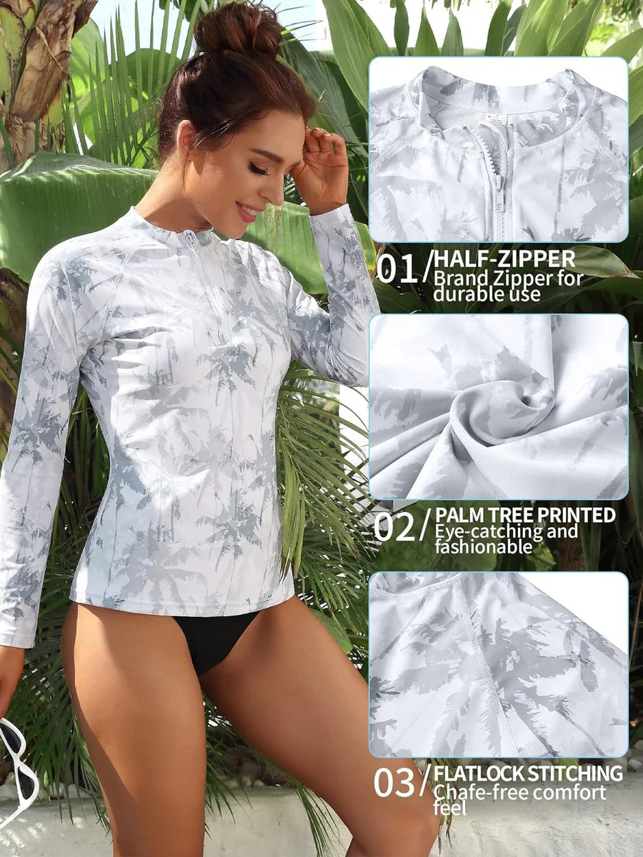 TropiShield Women’s Coconut Tree Print Rashguard – UPF 50+ Zip Swim Shirt