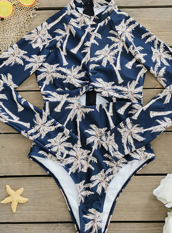 Palm Plant Print Long Sleeve Surfing Suit