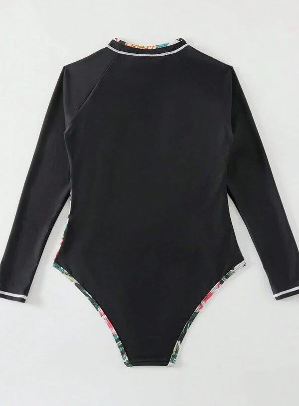 Black Tropical-Trim Long Sleeve Swimsuit