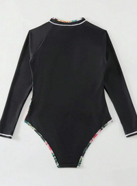 Thumbnail for Black Tropical-Trim Long Sleeve Swimsuit