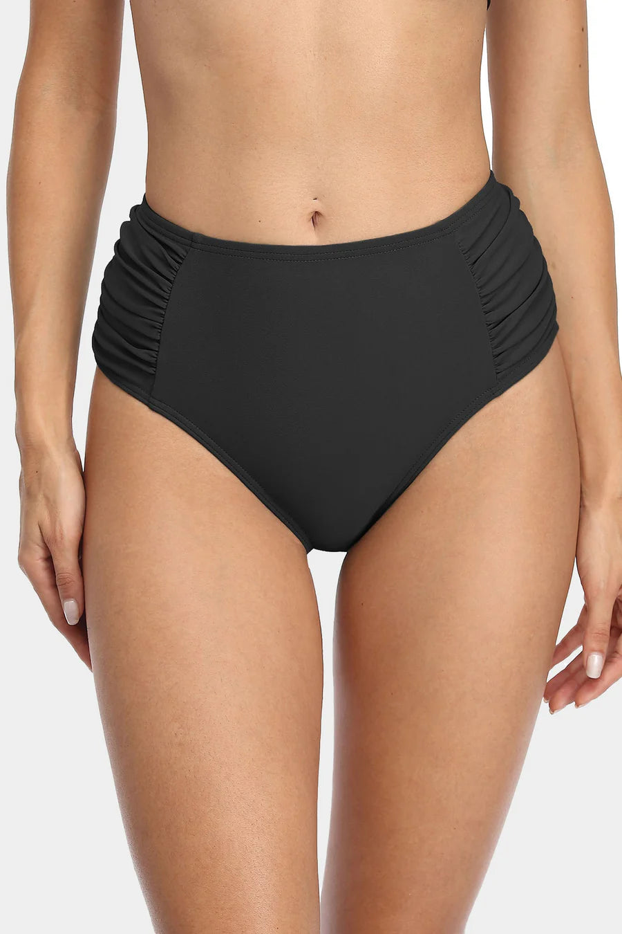 Women's Solid High Waisted Pleated Bikini Swim Bottom